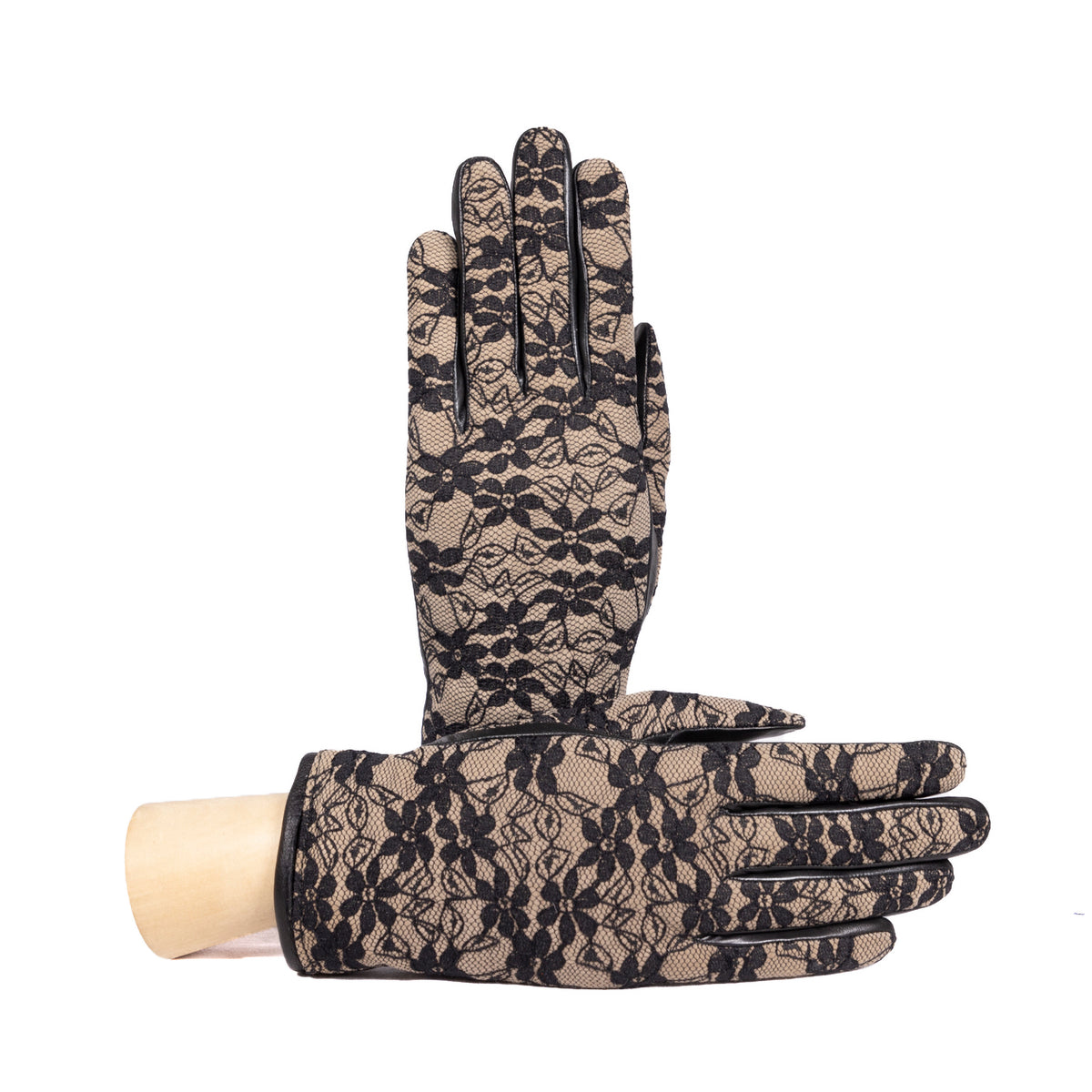 Ladies' nappa leather gloves featuring elegant black lace detailing and a soft cashmere lining, embodying Italian luxury.