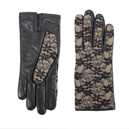 Ladies' black nappa leather gloves featuring elegant lace detail and a cozy cashmere lining for luxurious warmth and style.