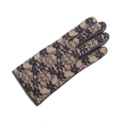 Ladies' nappa leather gloves featuring a chic black lace top, elegantly lined with soft cashmere for a luxurious touch.