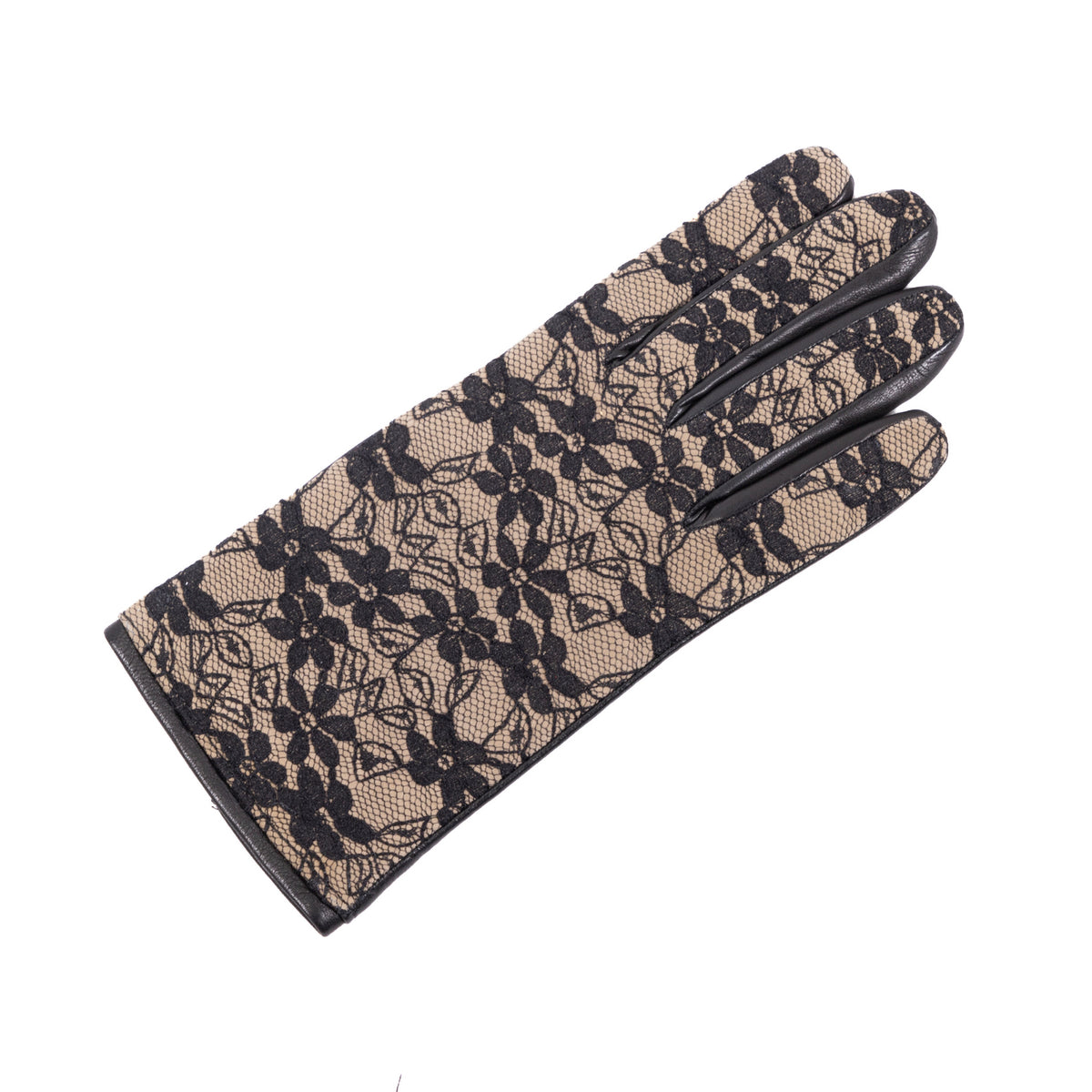 Ladies' nappa leather gloves featuring a chic black lace top, elegantly lined with soft cashmere for a luxurious touch.
