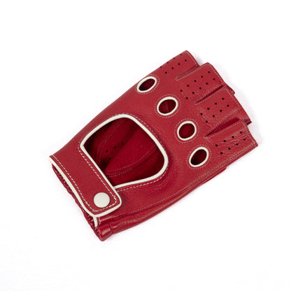 Men's red deerskin driving gloves featuring snap closure and contrast stitching, showcasing elegant Italian craftsmanship.