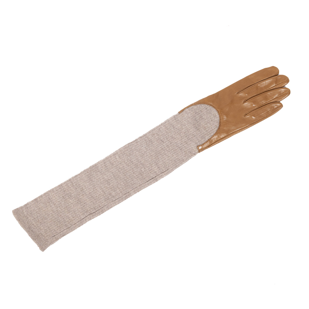 Long leather and wool sleeve gloves in warm cognac, showcasing elegant Italian craftsmanship for autumn styling.