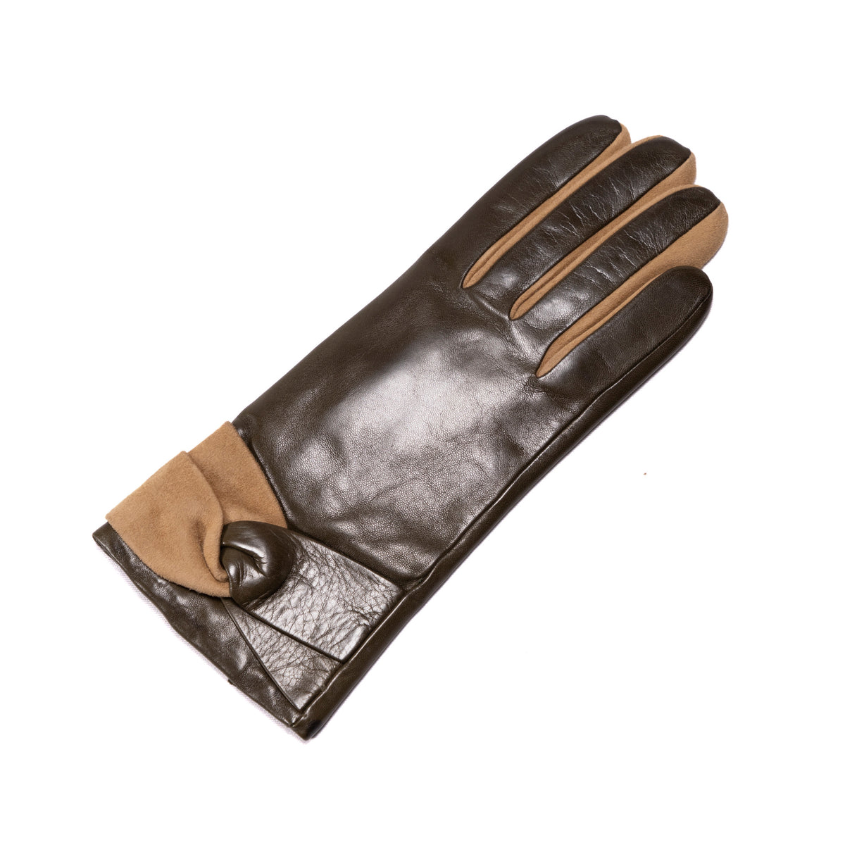 Ladies' nappa leather gloves with a soft suede cuff, featuring a stylish button detail and a luxurious cashmere lining.