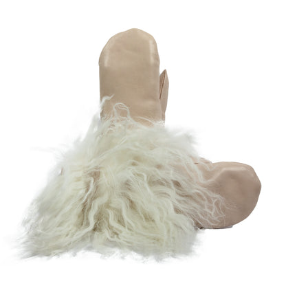 Nappa leather mittens in soft beige, featuring luxurious Mongolia fur trim for warmth and elegance.