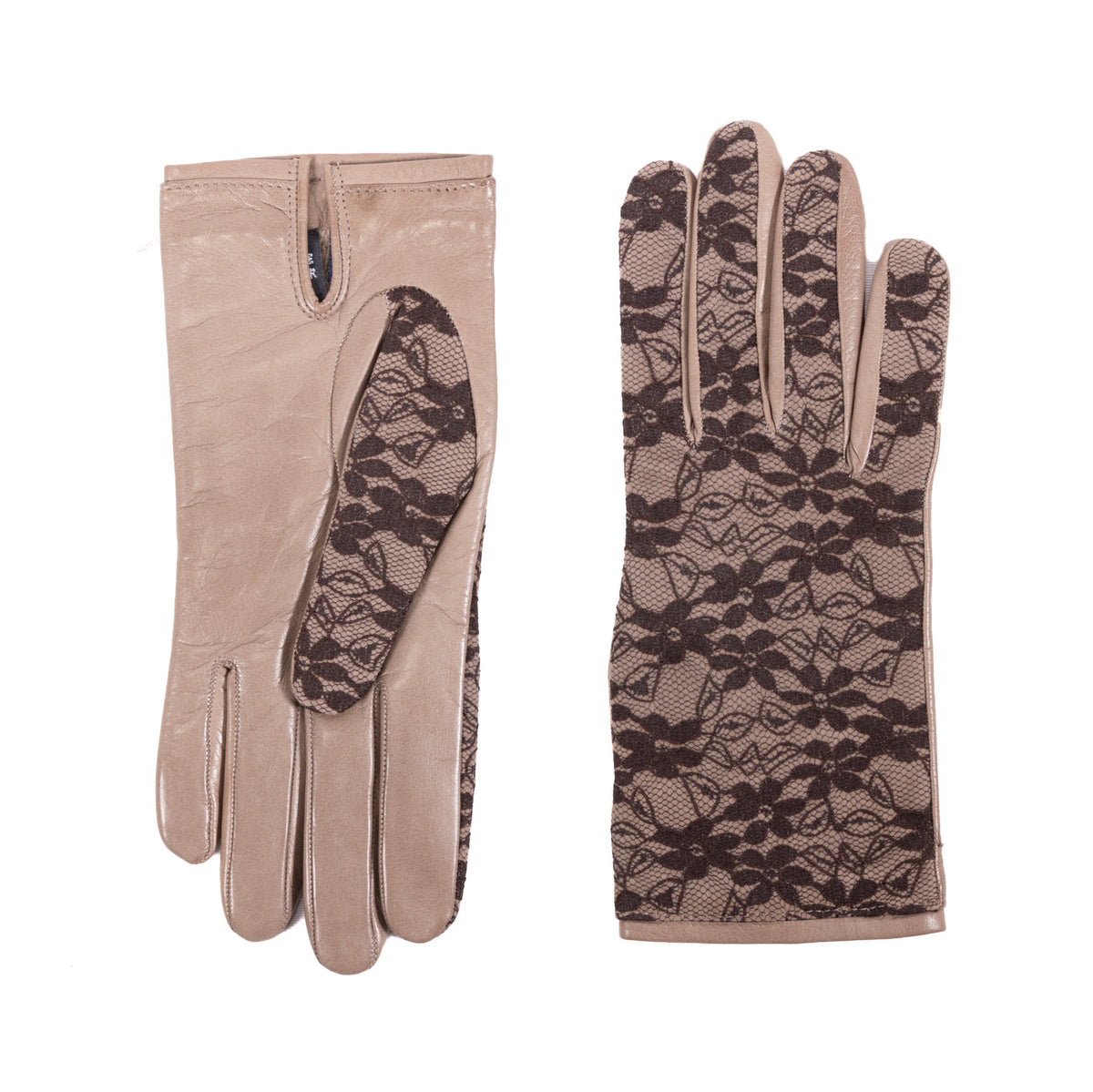 Ladies' nappa leather gloves in beige featuring chic brown lace detail and soft cashmere lining for added elegance.