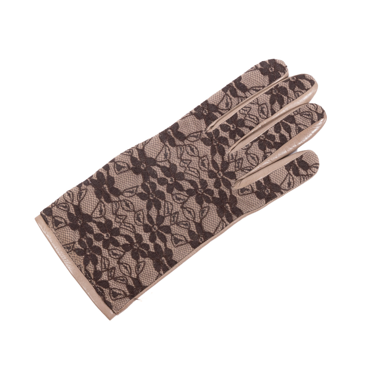 Ladies' nappa leather gloves featuring intricate brown lace detailing and a soft cashmere lining for added elegance.