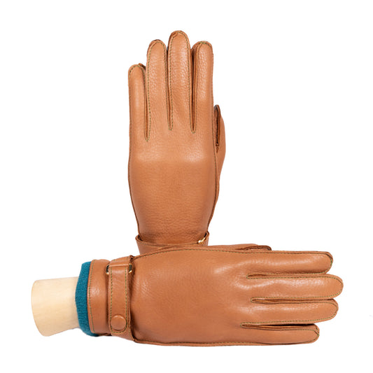 Ladies' deerskin leather gloves in cognac, featuring a cozy cashmere lining and stylish wrist detail for elegance and comfort.