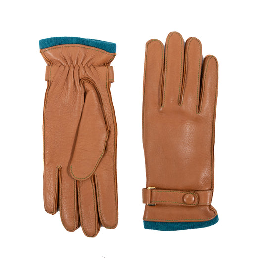 Ladies' deerskin leather gloves in warm tan with vibrant teal cashmere lining and a stylish wrist strap for a refined look.