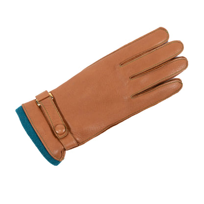 Ladies' deerskin leather gloves in cognac, featuring a teal cashmere lining and elegant buckle detail for a refined look.