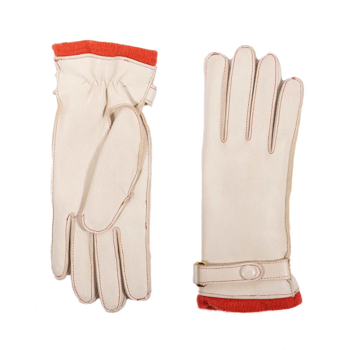 Ladies' deerskin leather gloves with vibrant orange cashmere lining, showcasing elegant Italian craftsmanship and refined design.
