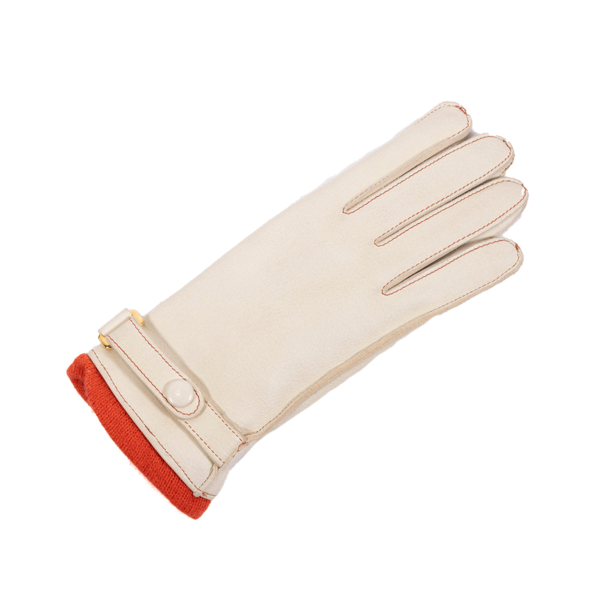 Ladies' cream deerskin leather gloves featuring a vibrant orange cashmere lining and elegant wrist strap detail.