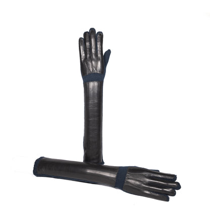 Elegant long black cashmere gloves with a contrasting navy cuff, showcasing Italian craftsmanship and luxurious design.