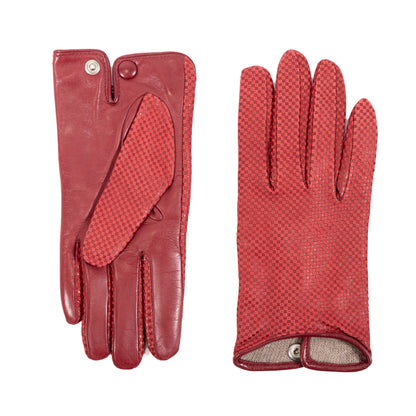 Ladies' check printed nappa leather gloves in rich red, showcasing elegant design and Italian craftsmanship.