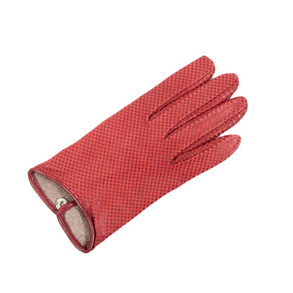 Ladies' red check printed nappa leather gloves showcasing elegant design and fine Italian craftsmanship.