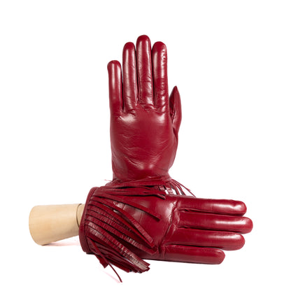 Ladies' red nappa leather gloves featuring elegant fringes and a soft cashmere lining, showcasing Italian craftsmanship.