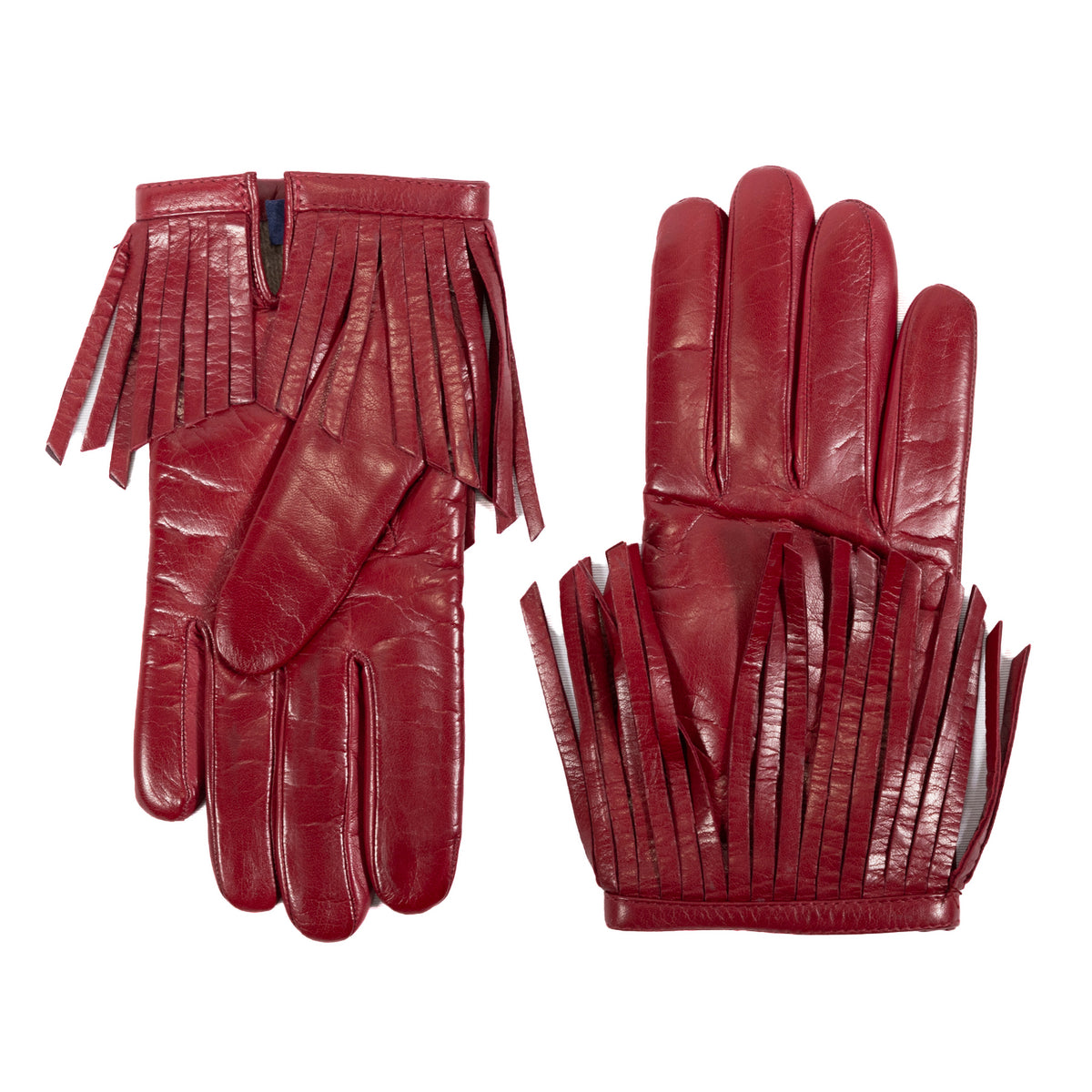 Ladies' red nappa leather gloves with fringes, elegantly cashmere lined for warmth and style.