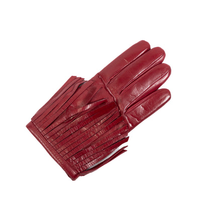 Ladies' red nappa leather gloves featuring stylish fringes, elegantly lined with soft cashmere for added warmth and luxury.