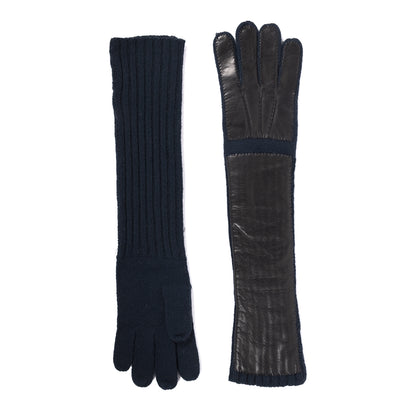 Ladies' long cashmere gloves in navy, featuring a ribbed knit cuff and sleek leather detailing for a luxurious touch.