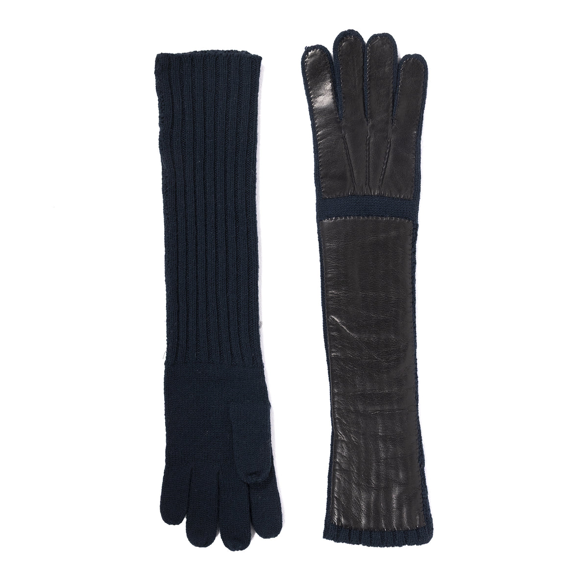 Ladies' long cashmere gloves in navy, featuring a ribbed knit cuff and sleek leather detailing for a luxurious touch.