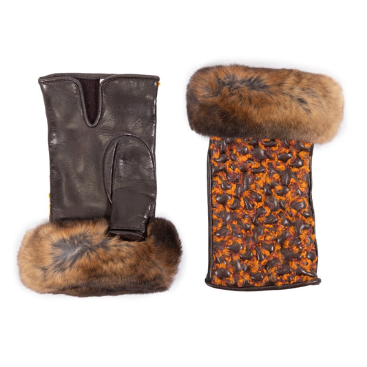 Fingerless dark brown nappa leather gloves featuring luxurious fur and bouclè detailing for an elegant, stylish look.