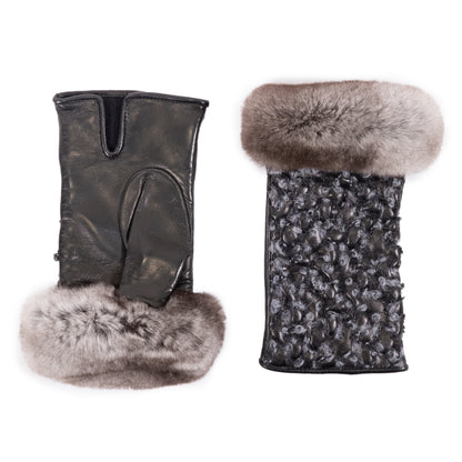 Ladies' fingerless nappa leather gloves in dark grey, featuring soft fur and bouclè details for a luxurious touch.