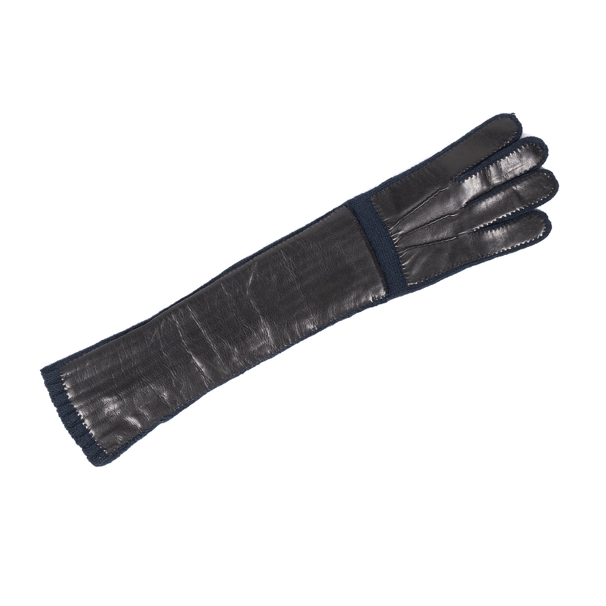 Long black cashmere gloves featuring a sleek design and elegant stitching, showcasing Italian craftsmanship and premium materials.