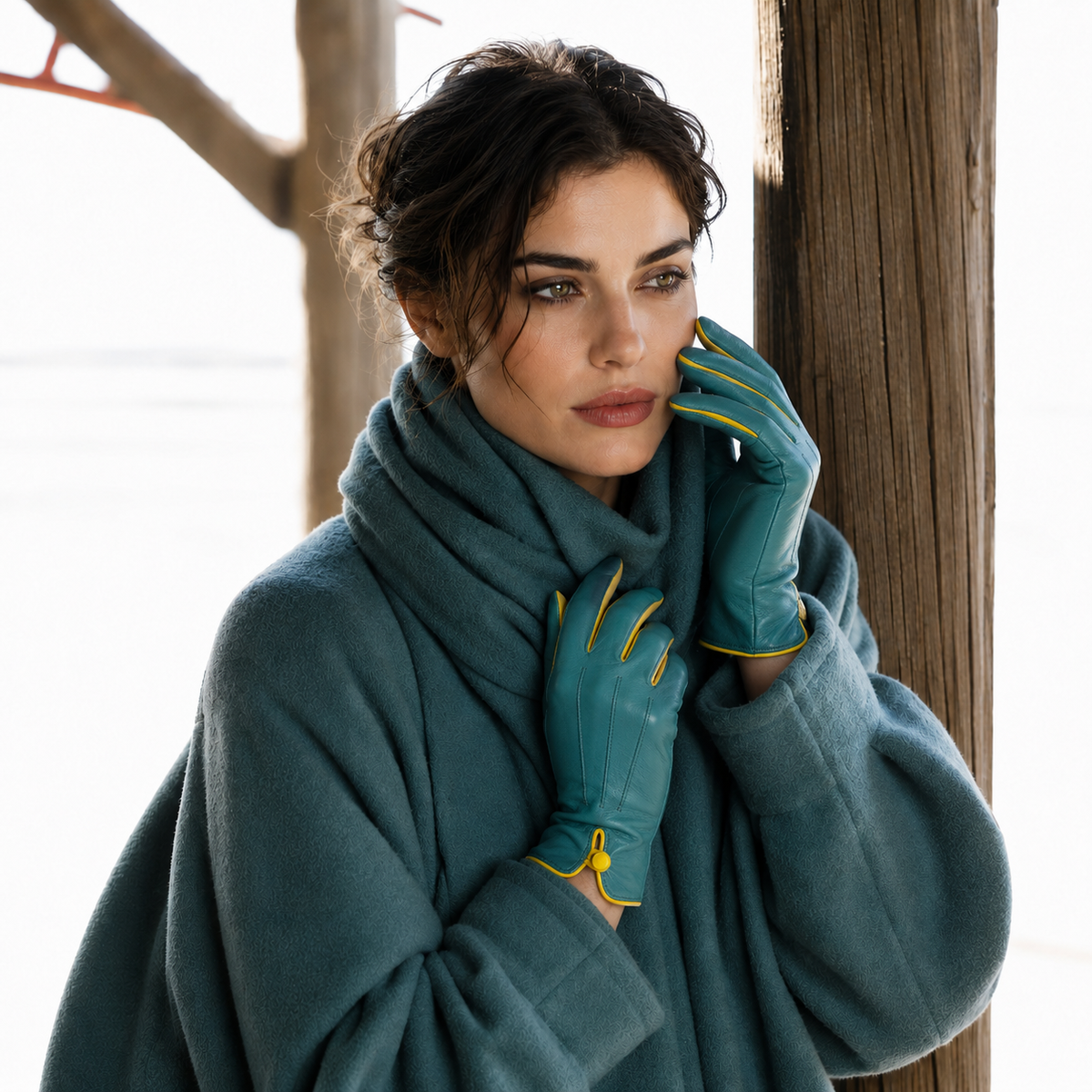 Women's teal nappa leather gloves with button and cashmere lining