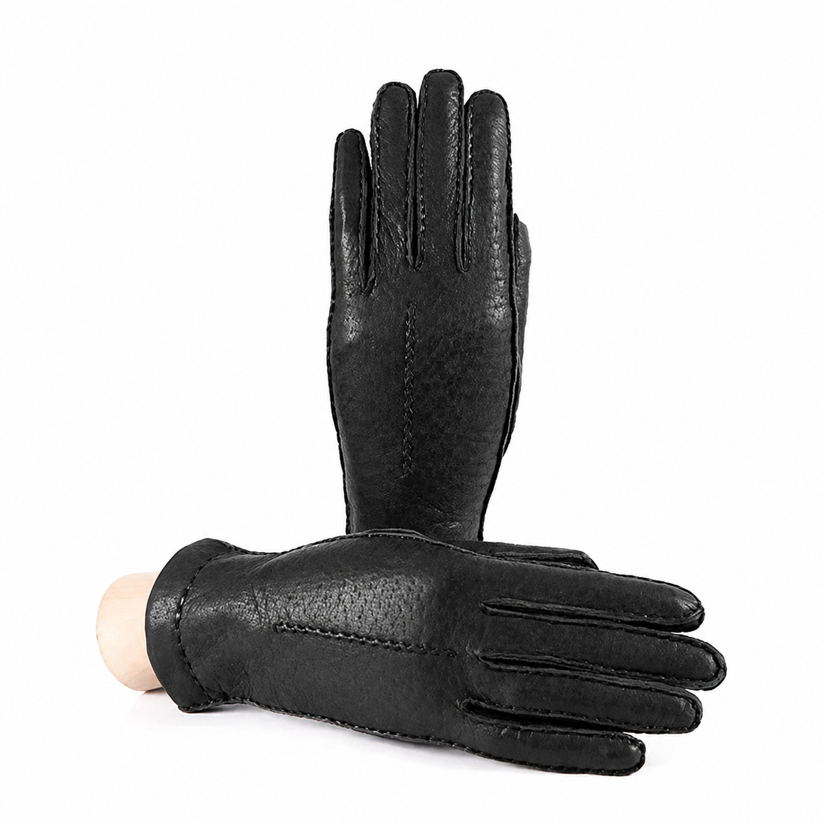 Women's peccary leather gloves entirely hand-sewn - Black 3