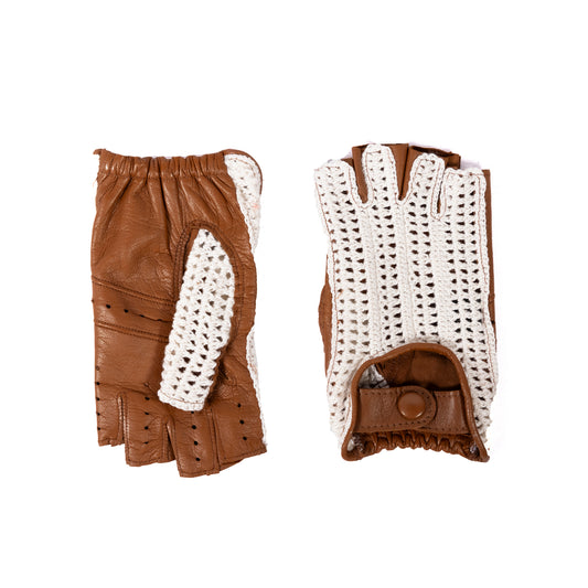 Brown leather women's driving gloves featuring a crochet top, showcasing Italian craftsmanship and elegant design.