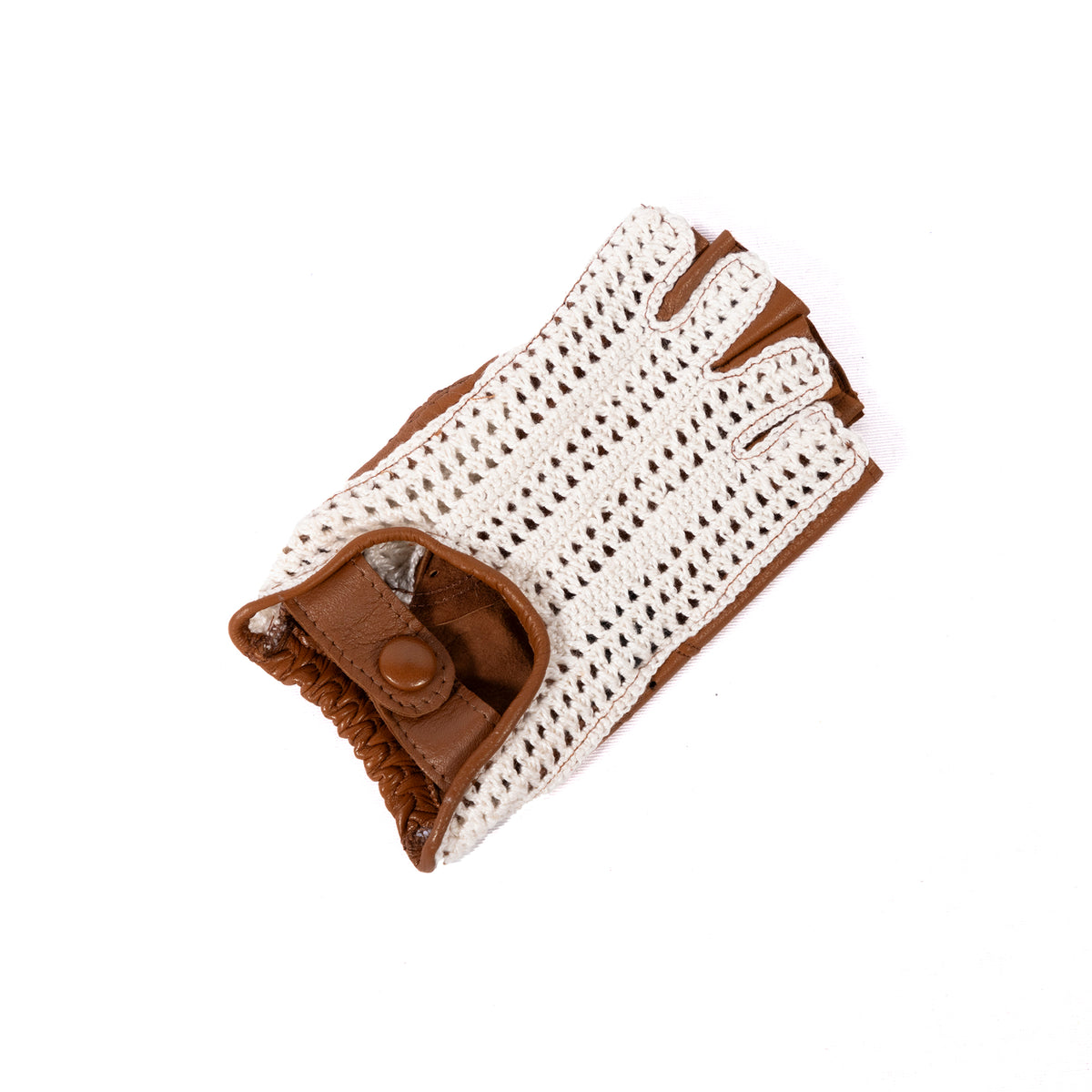 Crochet-top women's driving gloves in rich brown leather, showcasing Italian craftsmanship and elegant design.