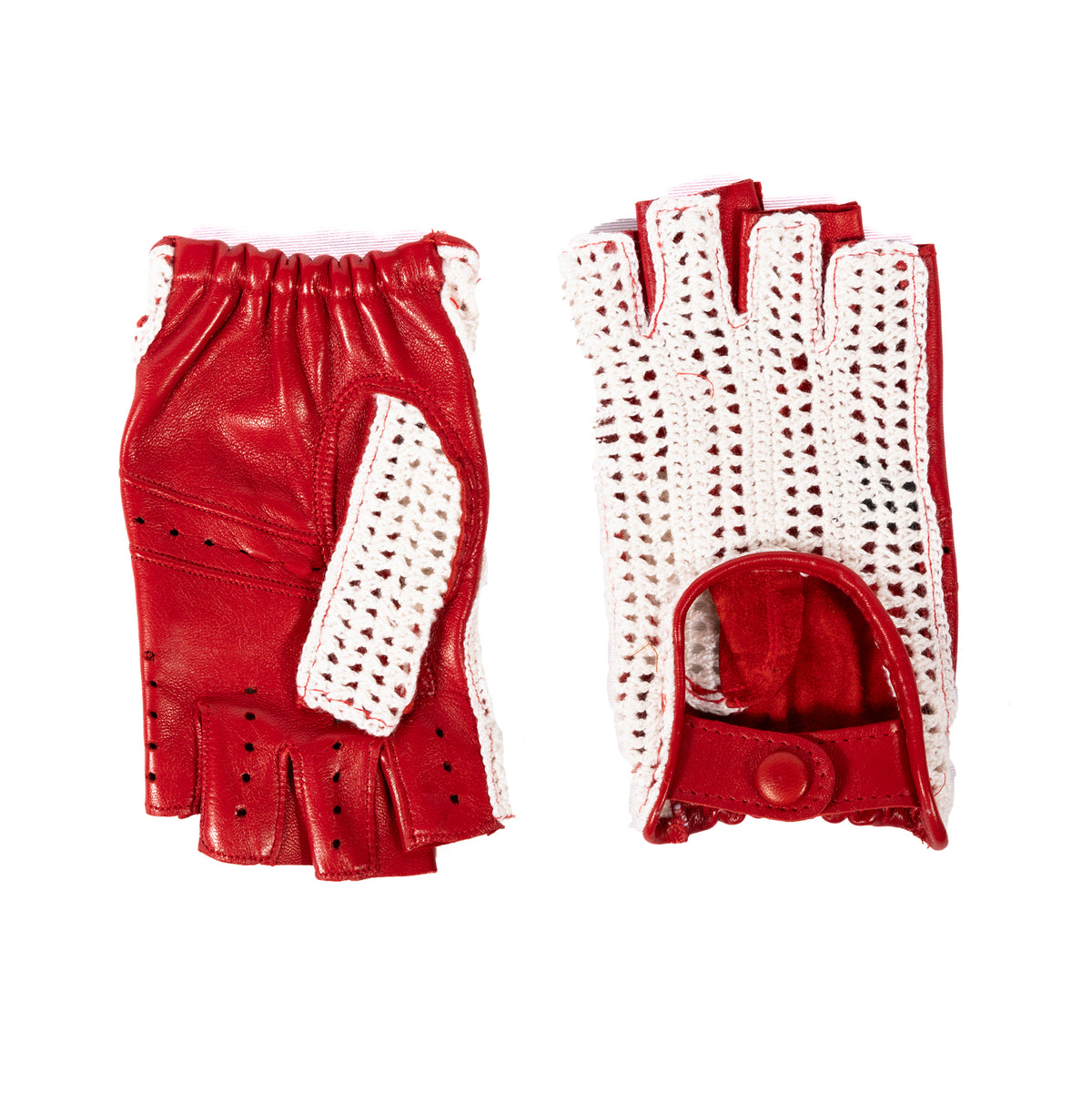 Red leather driving gloves featuring a crochet top, showcasing a blend of elegance and Italian craftsmanship.
