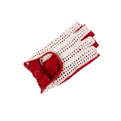 Red leather driving gloves featuring a crochet top and a snap closure, showcasing a blend of elegance and craftsmanship.