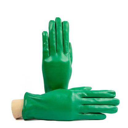 Bright green soft nappa leather gloves with a palm opening, showcasing elegant Italian craftsmanship and cashmere lining.