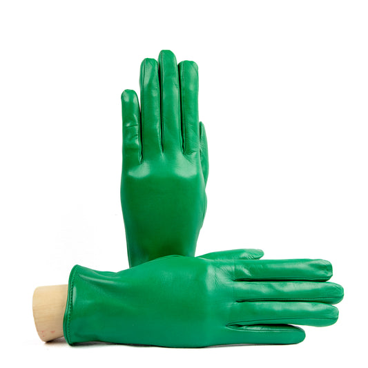 Bright green soft nappa leather gloves with a palm opening, showcasing elegant Italian craftsmanship and cashmere lining.