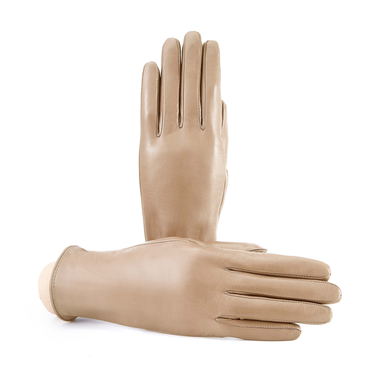 Soft nappa leather womens gloves in a warm taupe shade, featuring a palm opening and luxurious cashmere lining.