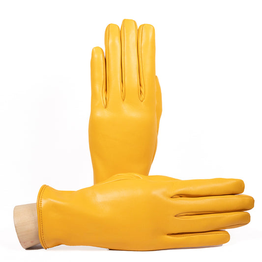 Women’s soft nappa leather gloves in vibrant yellow, featuring a sleek design and luxurious cashmere lining for added comfort.