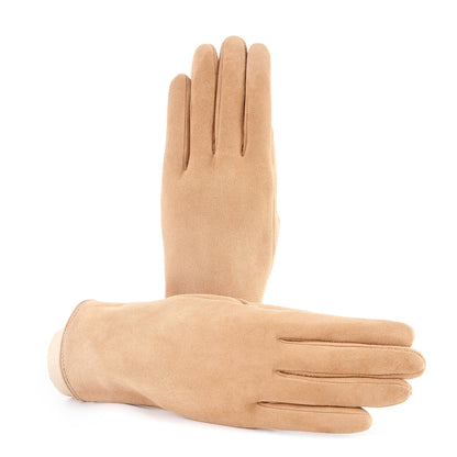 Soft suede leather gloves in a warm beige hue, featuring a palm opening and luxurious cashmere lining for comfort and elegance.