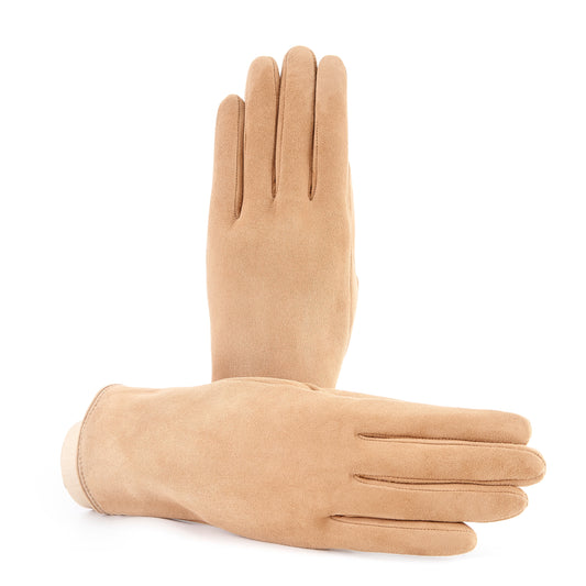 Soft suede leather gloves in a warm beige hue, featuring a palm opening and luxurious cashmere lining for comfort and elegance.