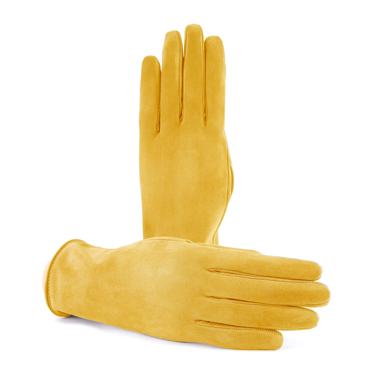 Soft suede leather gloves in a warm yellow hue, featuring a palm opening and luxurious cashmere lining for comfort.