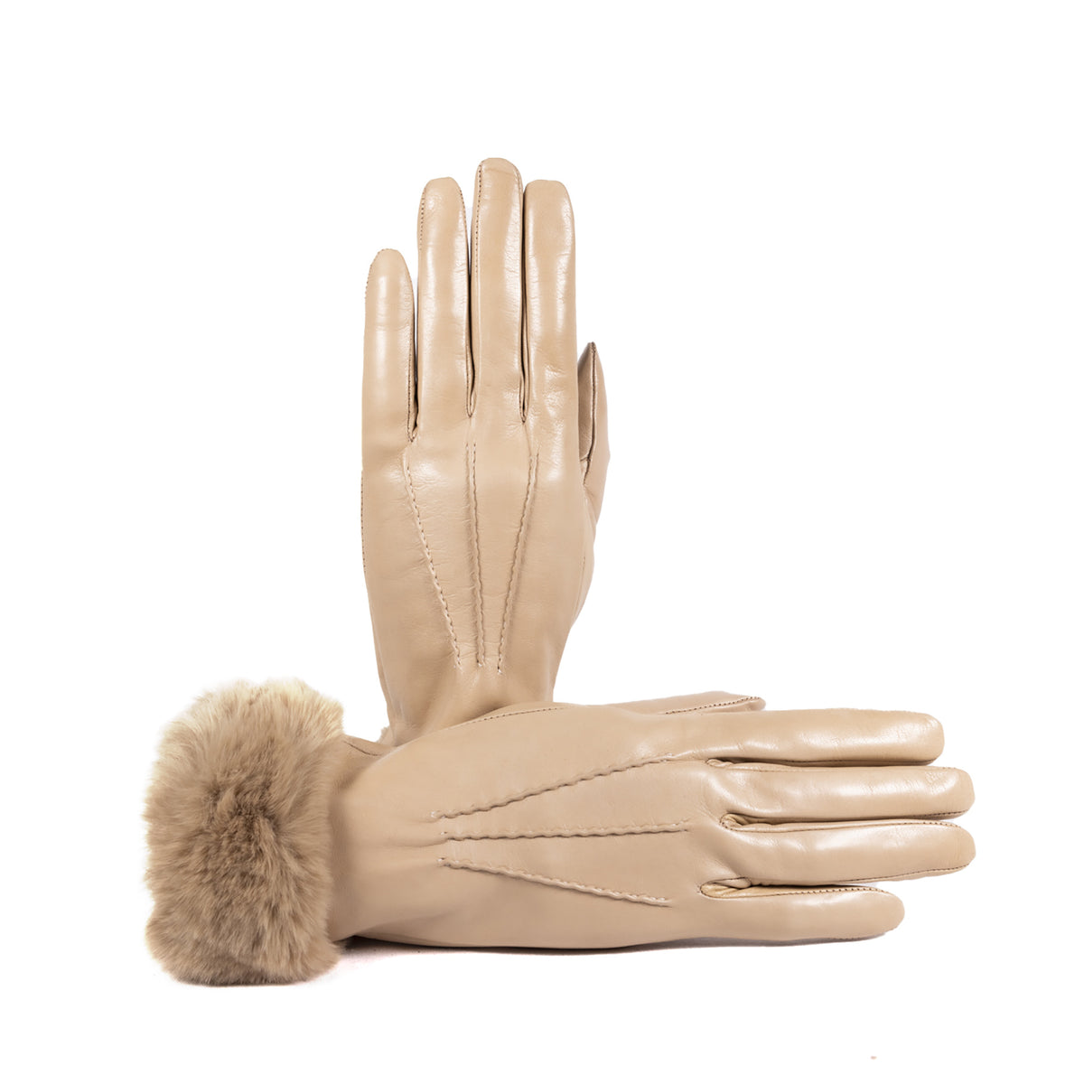Ladies' beige nappa leather gloves featuring a plush faux fur cuff and soft cashmere blend lining for luxurious warmth.