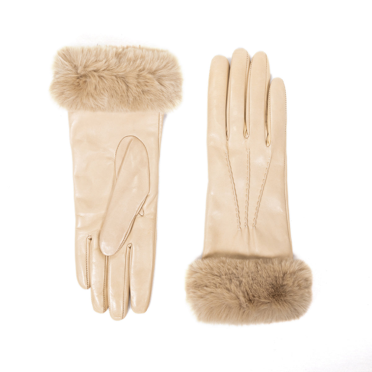 Ladies' nappa leather gloves in soft beige, featuring a luxurious faux fur cuff and cozy cashmere blend lining.