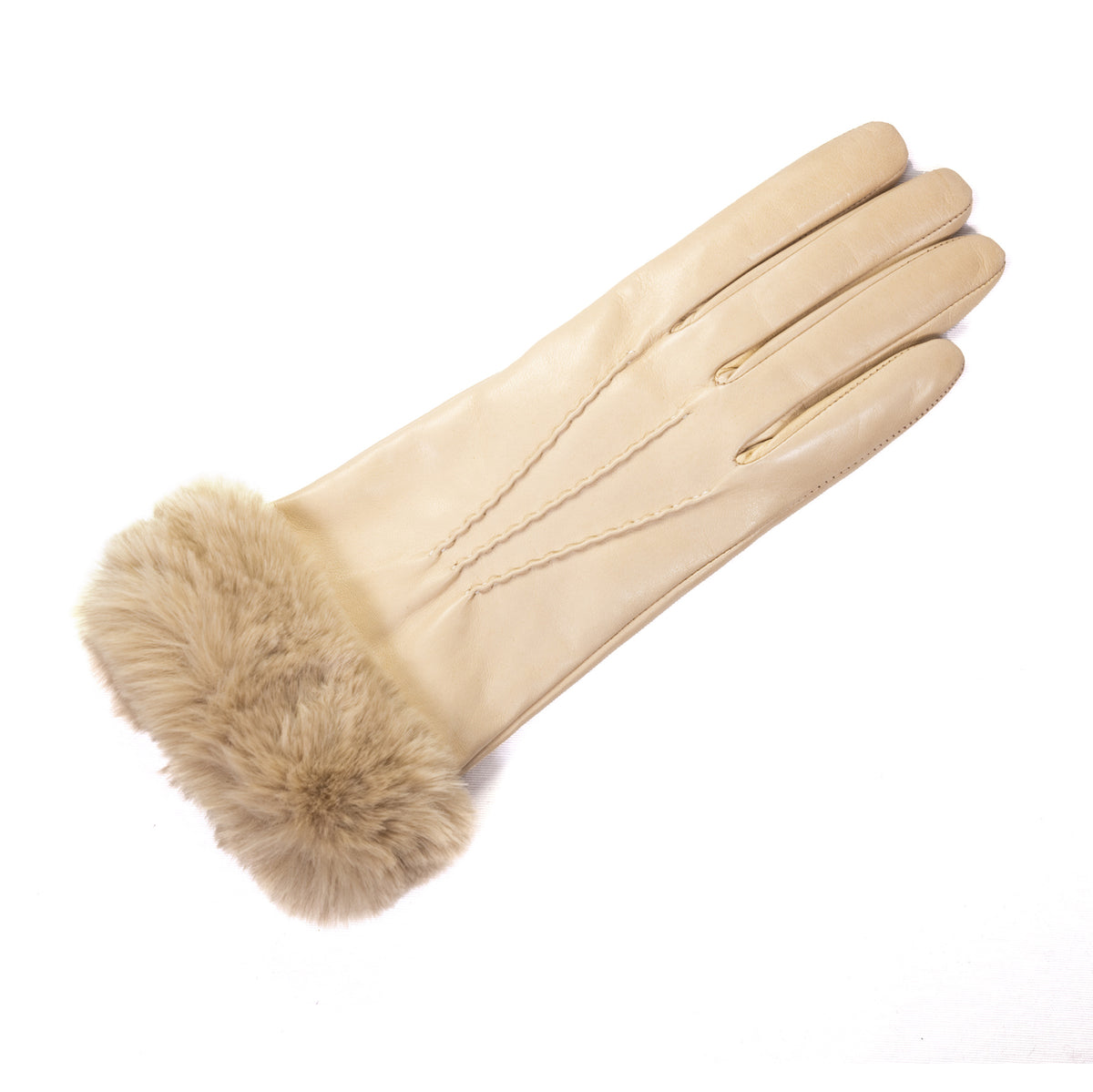 Ladies' nappa leather gloves in soft beige, featuring a luxurious faux fur cuff and a cozy cashmere blend lining.