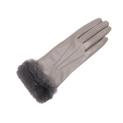 Ladies' grey nappa leather gloves featuring a plush faux fur cuff and soft cashmere blend lining, showcasing Italian elegance.