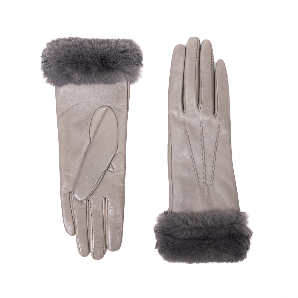 Ladies' grey nappa leather gloves featuring a luxurious faux fur cuff and soft cashmere blend lining for warmth and elegance.