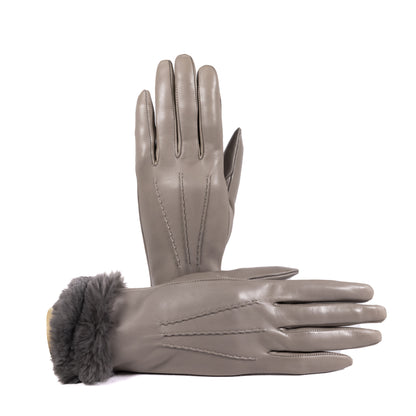 Ladies' taupe nappa leather gloves featuring a soft faux fur cuff and cashmere blend lining for added warmth and elegance.