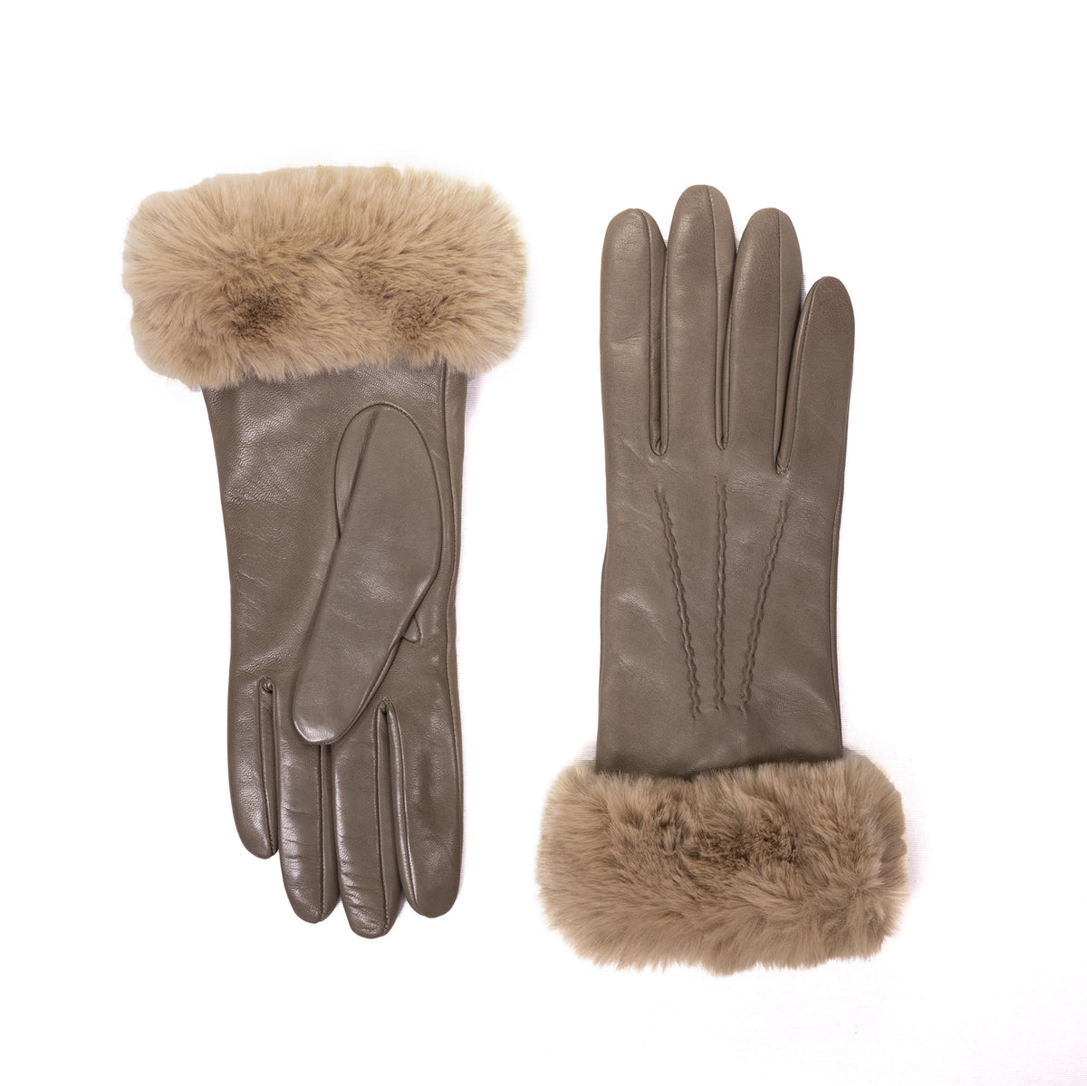 Ladies' olive nappa leather gloves featuring a luxurious faux fur cuff and soft cashmere blend lining for ultimate warmth and style.