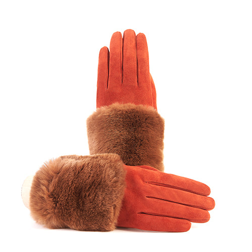 Suede leather gloves in rich orange, featuring a large real fur panel for a luxurious touch and elegant warmth.