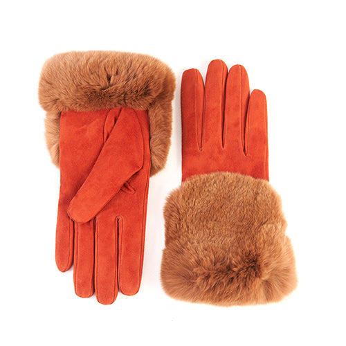 Suede leather gloves in rich orange with a large, soft real fur panel at the cuff, showcasing Italian luxury craftsmanship.