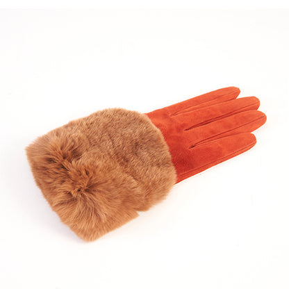 Suede leather gloves in warm orange, featuring a luxurious large real fur panel for added elegance and comfort.
