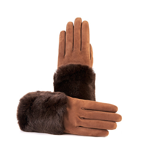 Brown suede leather gloves featuring a large real fur panel, showcasing Italian craftsmanship and elegant design.